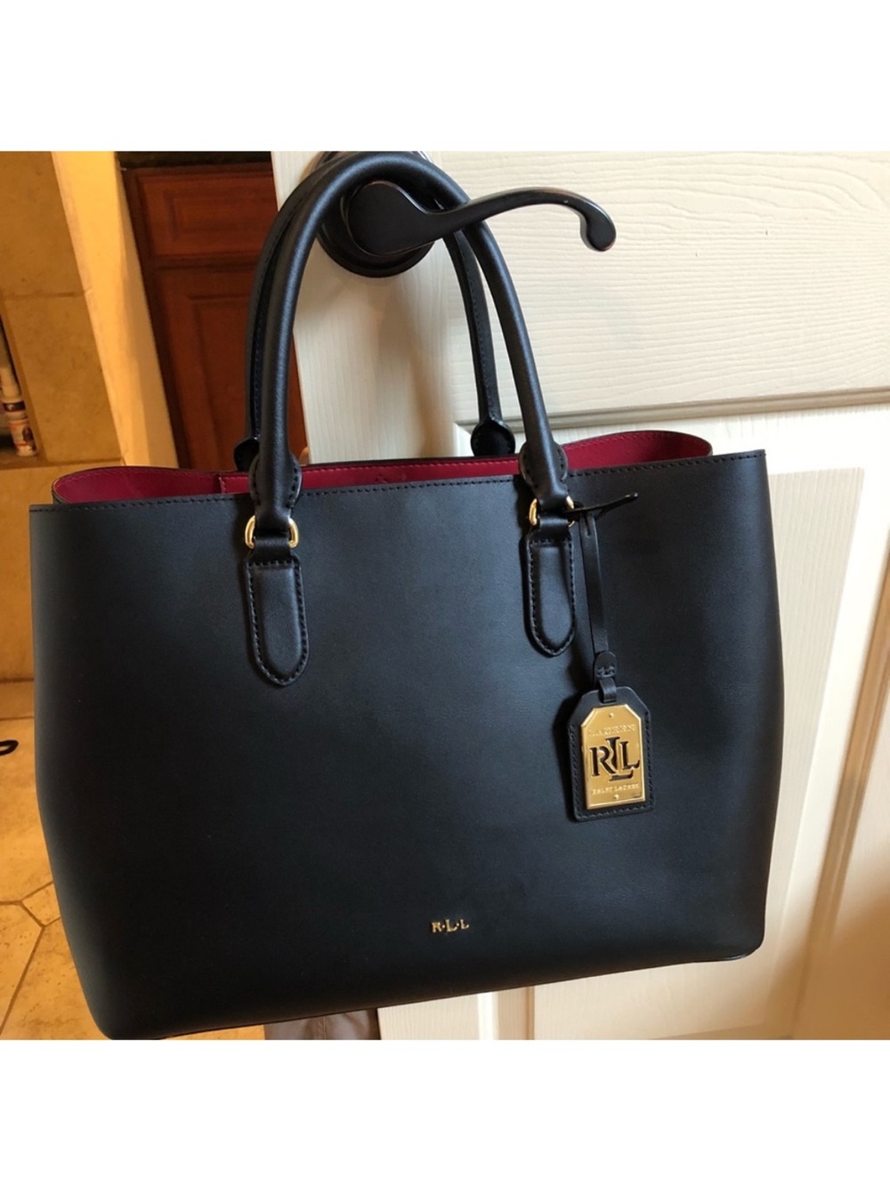 Lauren Ralph Lauren “Marcy” Black Leather Tote with Red Interior Trim